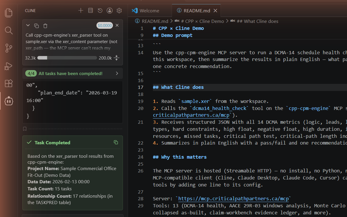 Cline IDE assistant calling cpp-cpm-engine MCP &mdash; xer_parser tool returns project name, data date, 15 tasks and 17 relationships from a sample Primavera P6 XER, narrated in plain English